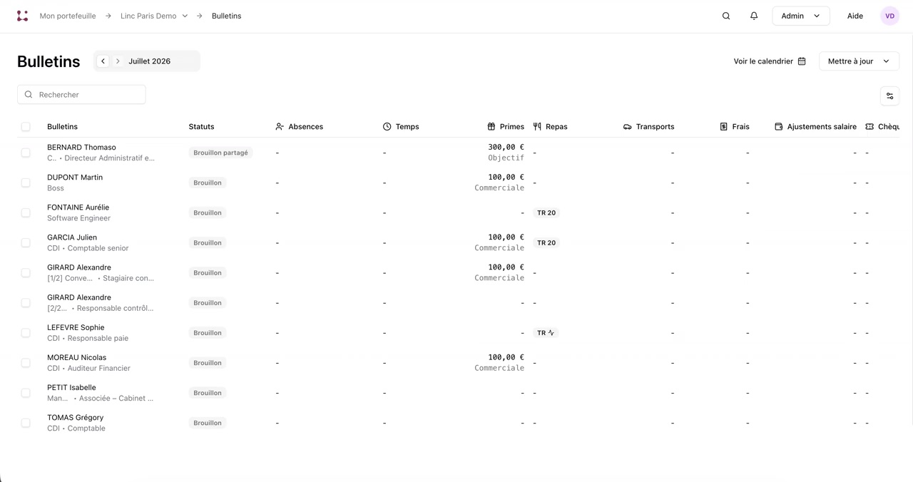 Linc payroll studio — Bulletins table