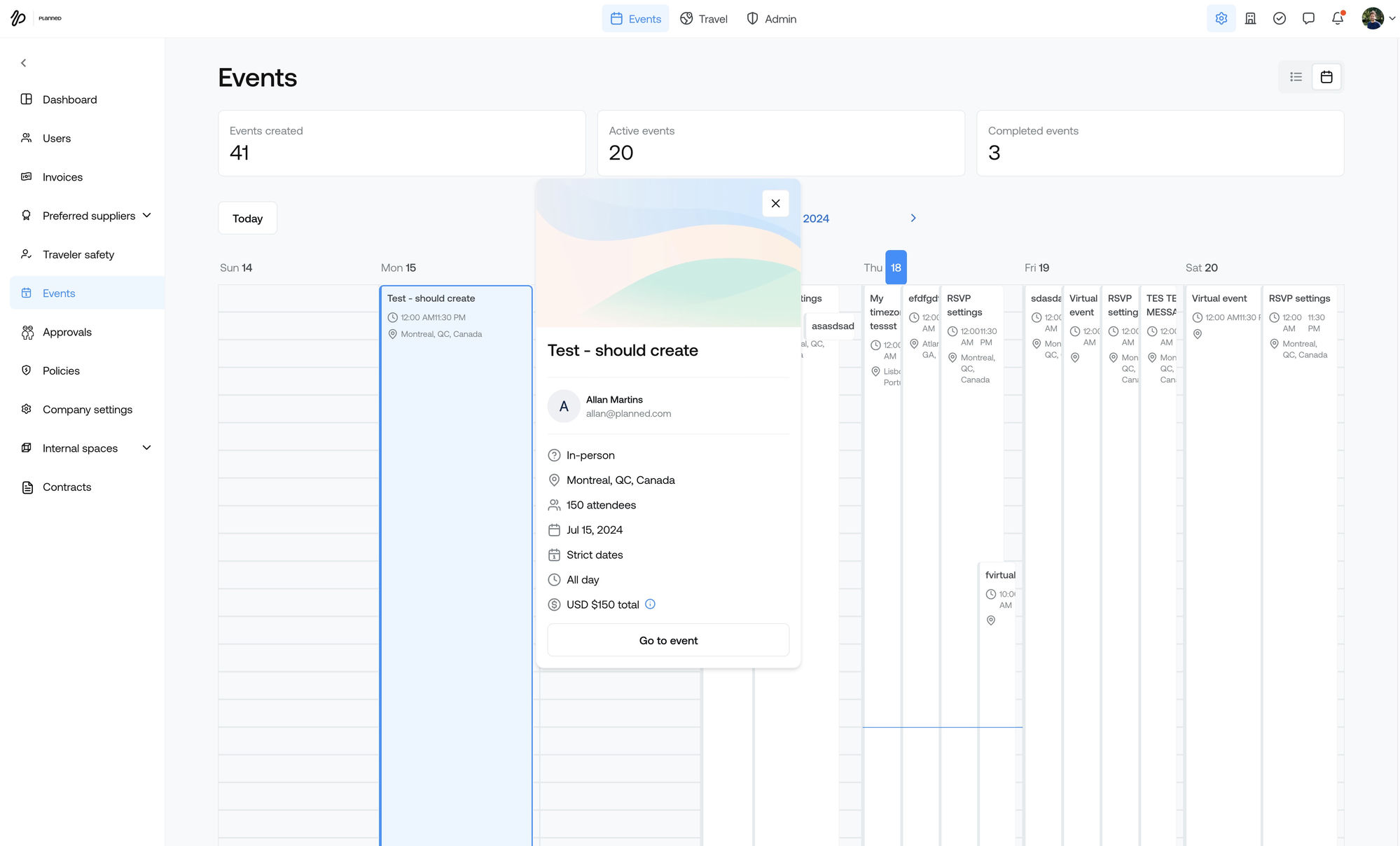 Planned events calendar — screenshot