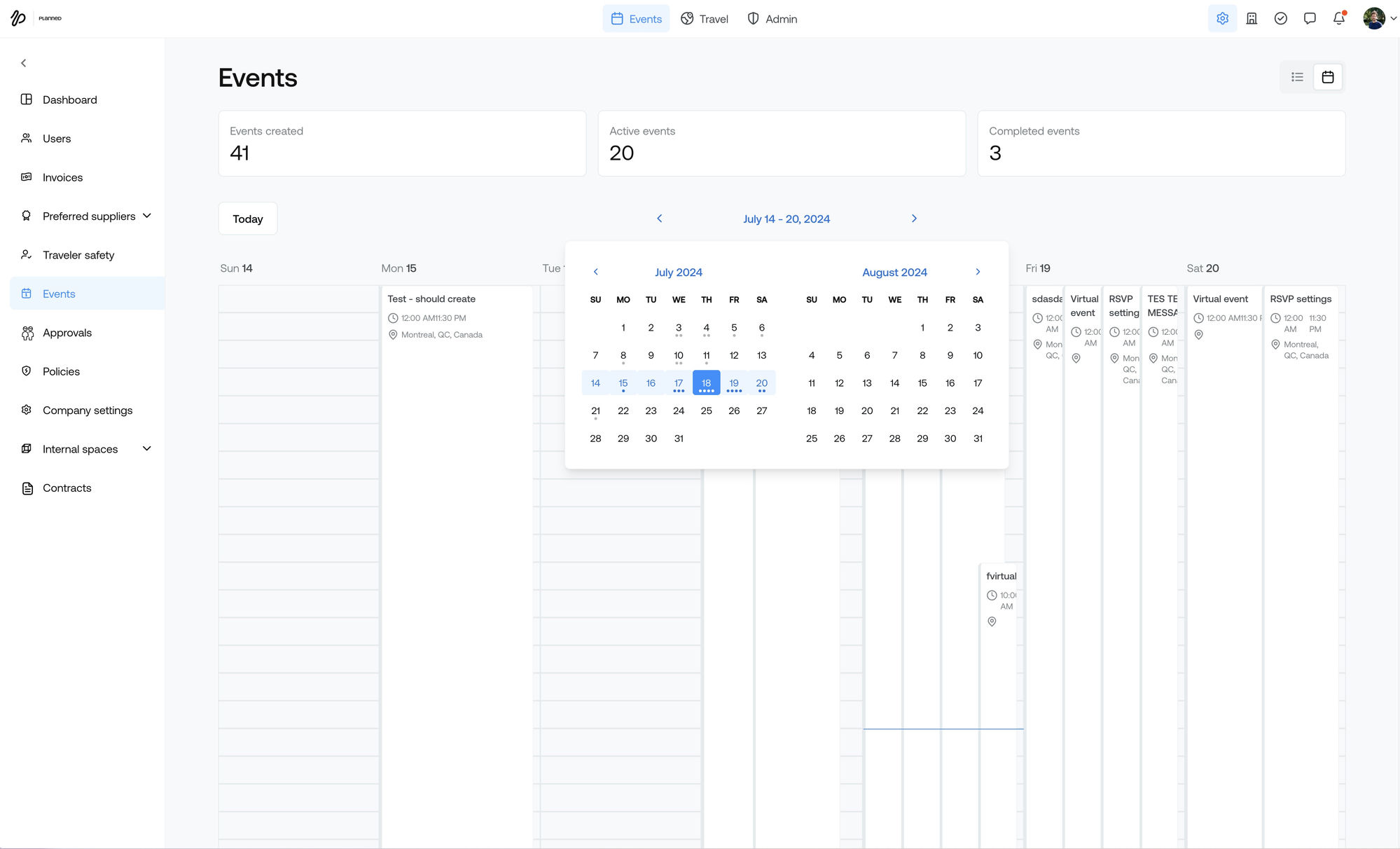 Planned events calendar — screenshot